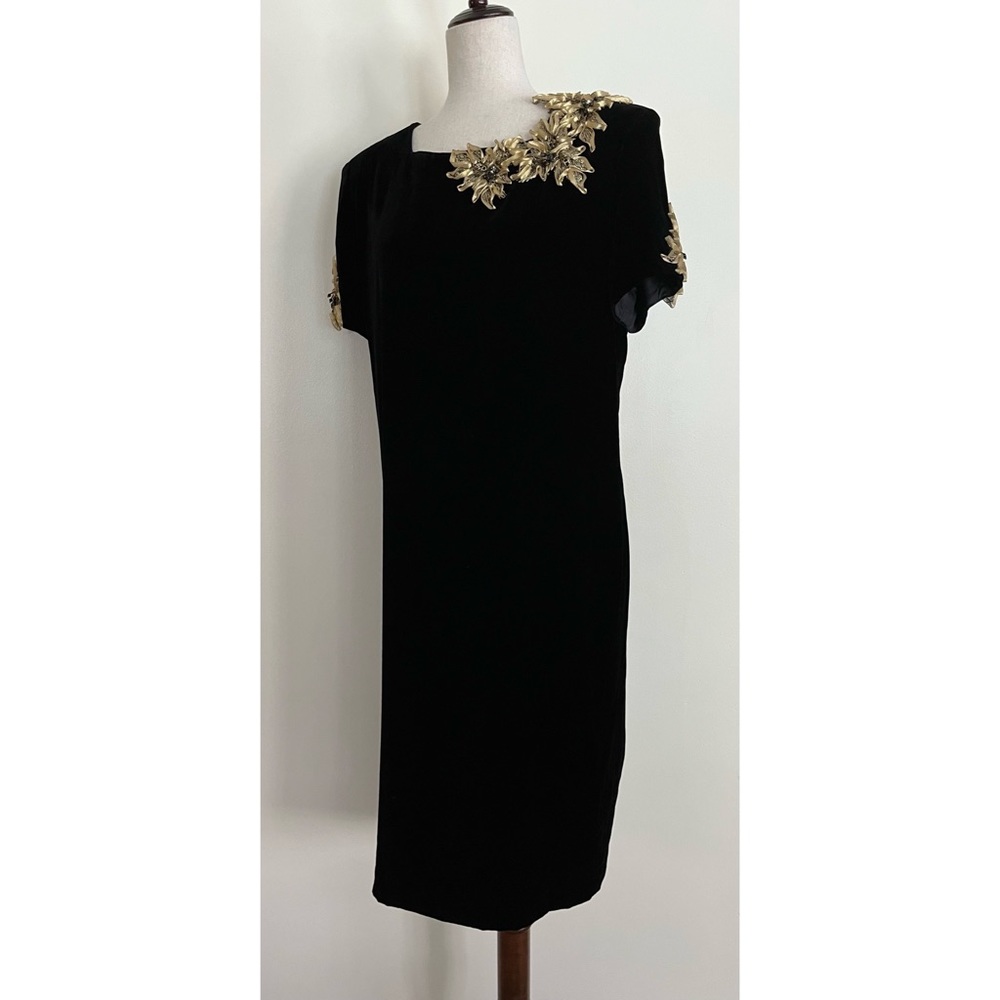 VTG 80s Yolanda Lorente Black Velvet Gold Embellished Shift Midi Dress SZ M